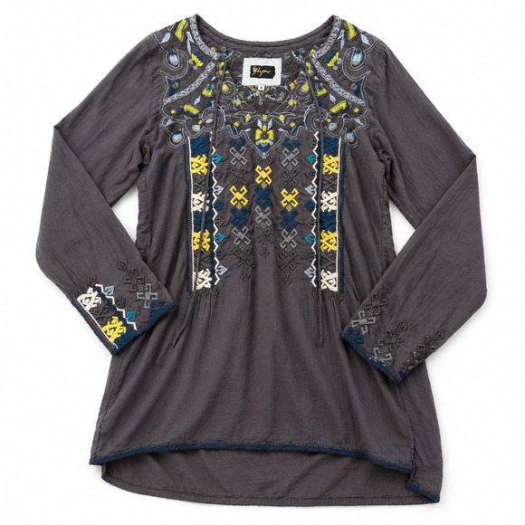 Biya Tops - Johnny Was BIYA Embroidered Tunic Top Gray Long Sleeve‎ Boho Women's Size S